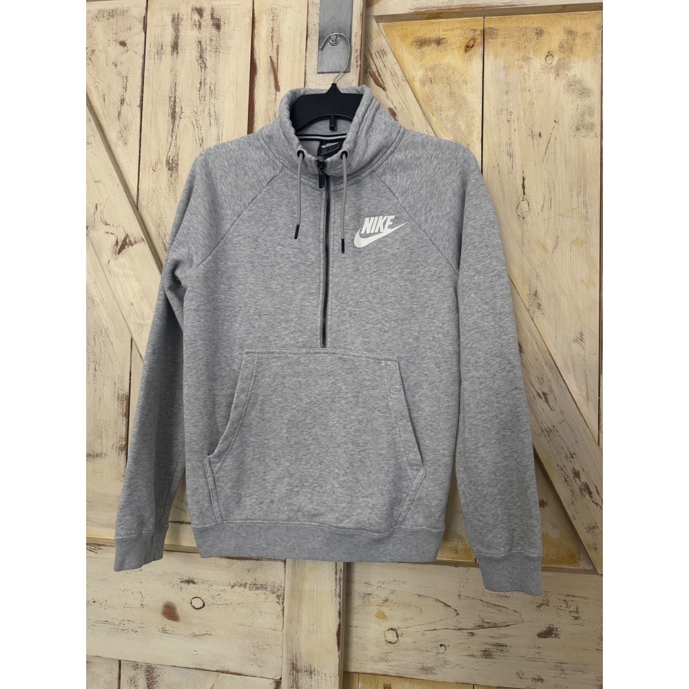 Nike Quarter Zip‎ Double Pockets Grey Sweater White Logo Drawstrings Size Small